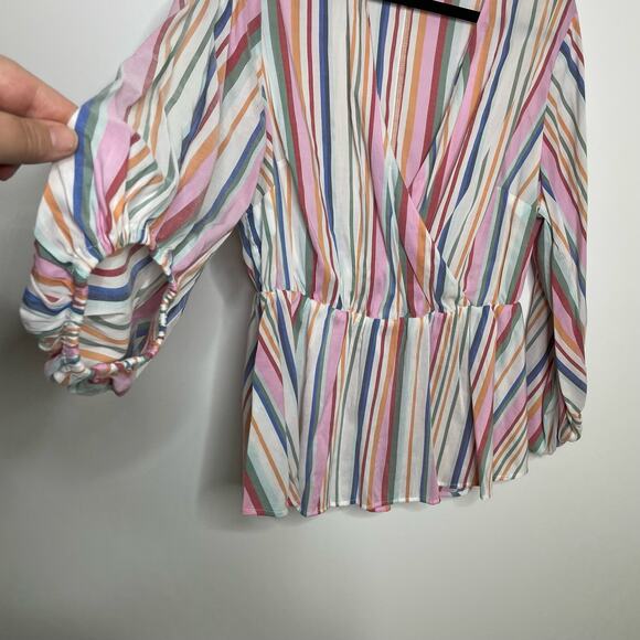 Lane Bryant‎ Faux Wrap Top Peplum Blouse V-Neck Elastic Cuff Stripe Rainbow 16 - Picture 6 of 11